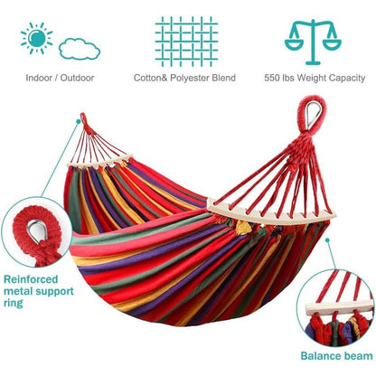 Camping Hammock 550Lb Upgraded Thickened 320G Canvas Fabric Single Hammocks with Two anti Roll Balance Beam and Sturdy Metal Knot Tree Straps for Camping, Patio, Backyard, Outdoor
